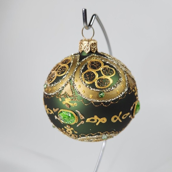 Hand Painted Green Gold Gem Glitter Christmas Tree Bulb Glass Ornament - Picture 3 of 7